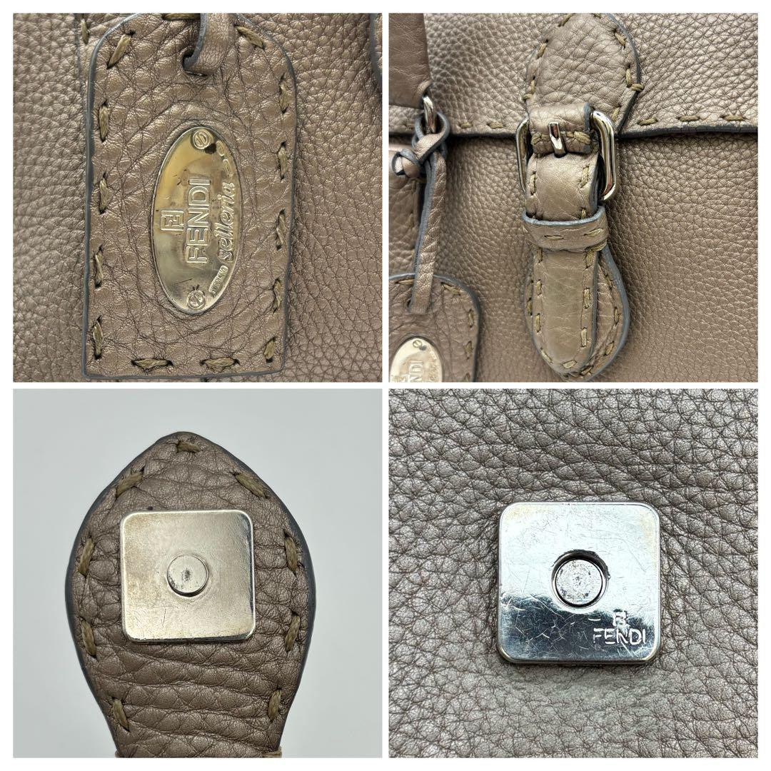 FENDI Hand Bag Tote Purse Selleria Leather Greige Authentic