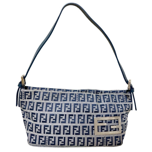 FENDI Accessory Pouch Hand Bag Tote Purse FF Zucchino Canvas Leather Navy Auth