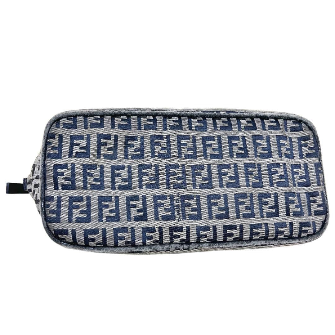 FENDI Accessory Pouch Hand Bag Tote Purse FF Zucchino Canvas Leather Navy Auth