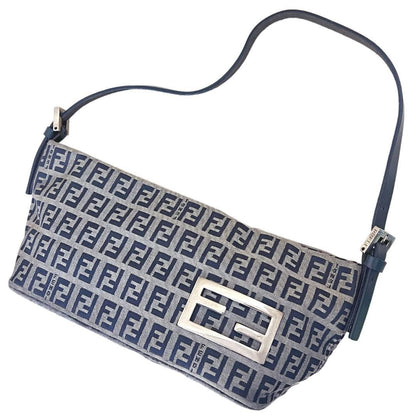 FENDI Accessory Pouch Hand Bag Tote Purse FF Zucchino Canvas Leather Navy Auth