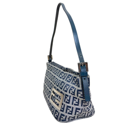 FENDI Accessory Pouch Hand Bag Tote Purse FF Zucchino Canvas Leather Navy Auth