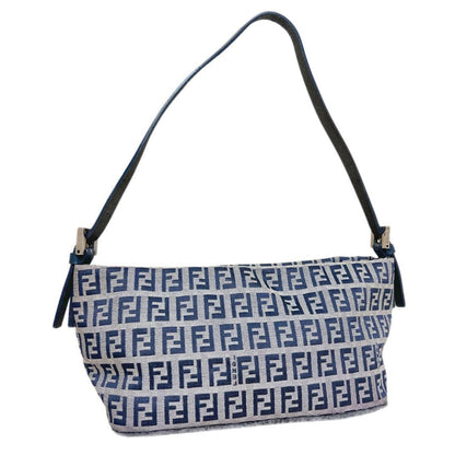 FENDI Accessory Pouch Hand Bag Tote Purse FF Zucchino Canvas Leather Navy Auth