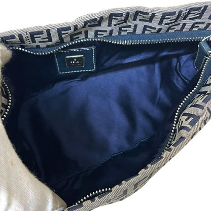 FENDI Accessory Pouch Hand Bag Tote Purse FF Zucchino Canvas Leather Navy Auth