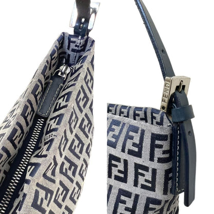FENDI Accessory Pouch Hand Bag Tote Purse FF Zucchino Canvas Leather Navy Auth