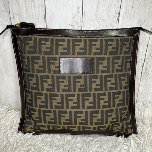 FENDI Clutch Bag Second Bag FF Zucca Nylon Canvas Leather Brown Authentic