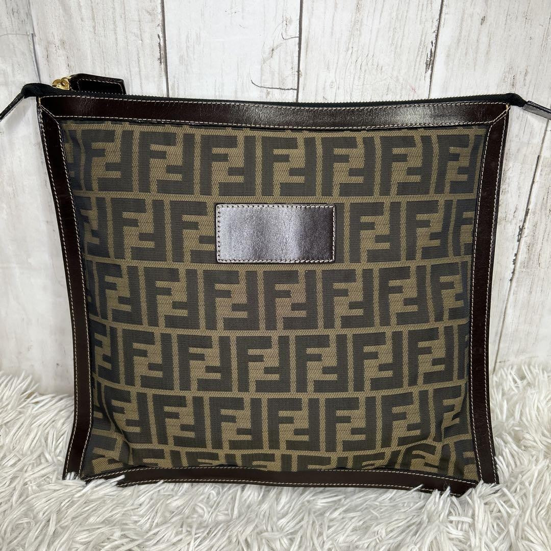 FENDI Clutch Bag Second Bag FF Zucca Nylon Canvas Leather Brown Authentic