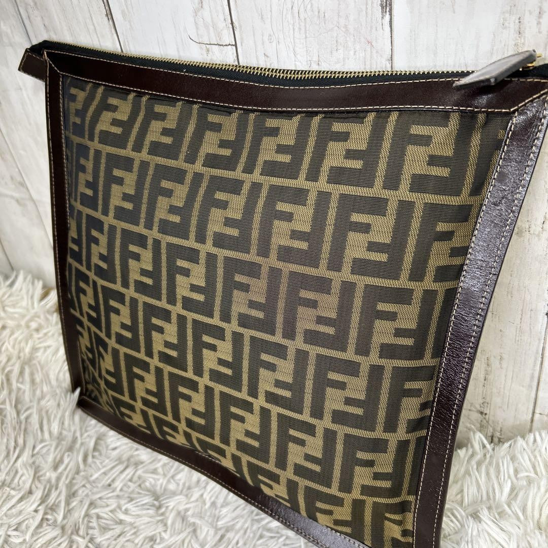 FENDI Clutch Bag Second Bag FF Zucca Nylon Canvas Leather Brown Authentic