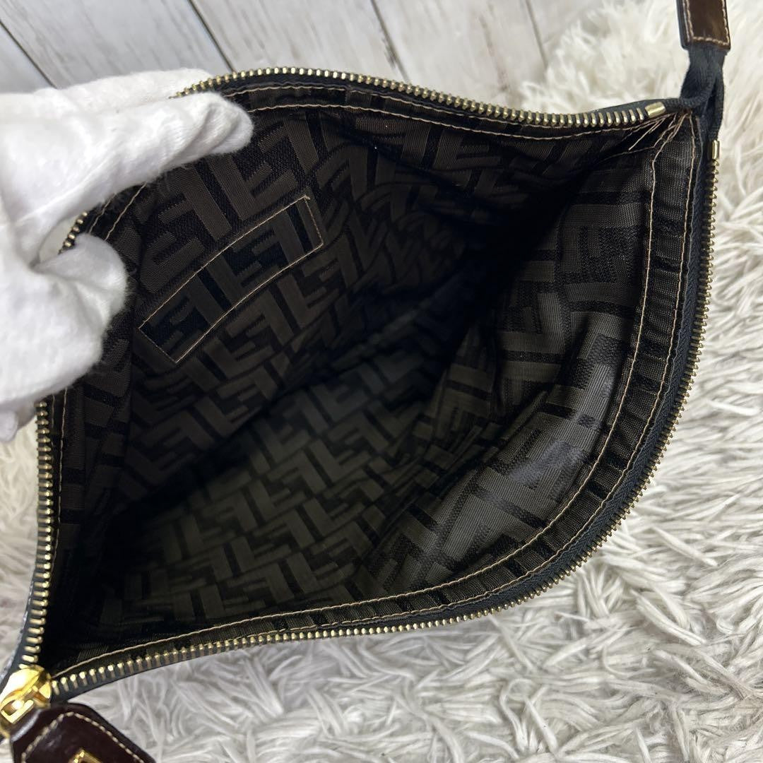 FENDI Clutch Bag Second Bag FF Zucca Nylon Canvas Leather Brown Authentic