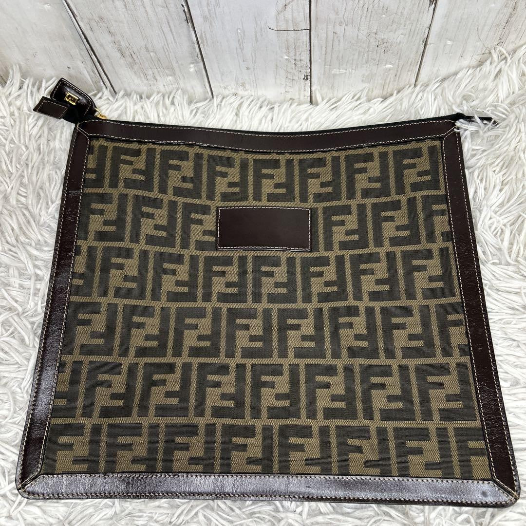 FENDI Clutch Bag Second Bag FF Zucca Nylon Canvas Leather Brown Authentic