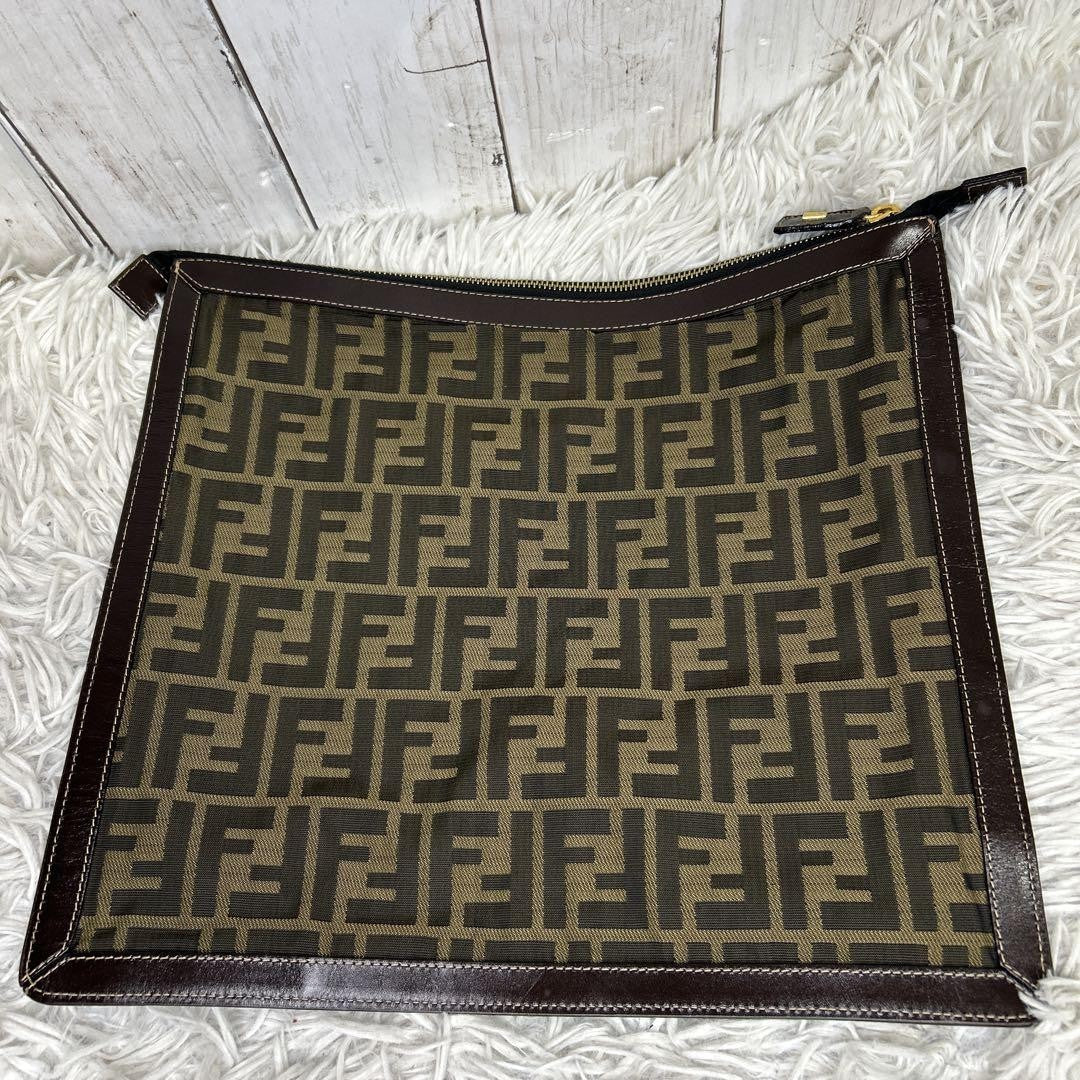 FENDI Clutch Bag Second Bag FF Zucca Nylon Canvas Leather Brown Authentic
