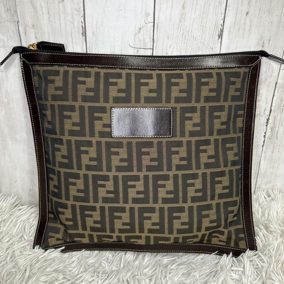 FENDI Clutch Bag Second Bag FF Zucca Nylon Canvas Leather Brown Authentic