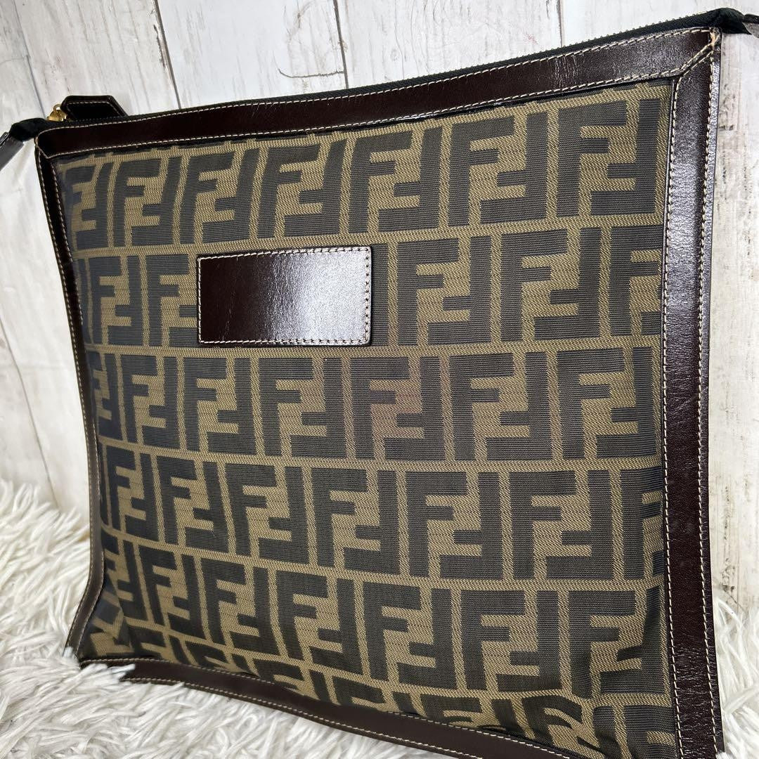 FENDI Clutch Bag Second Bag FF Zucca Nylon Canvas Leather Brown Authentic