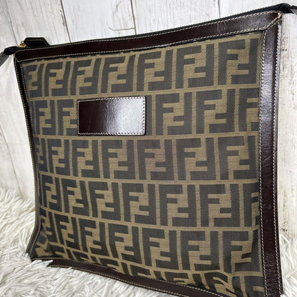 FENDI Clutch Bag Second Bag FF Zucca Nylon Canvas Leather Brown Authentic