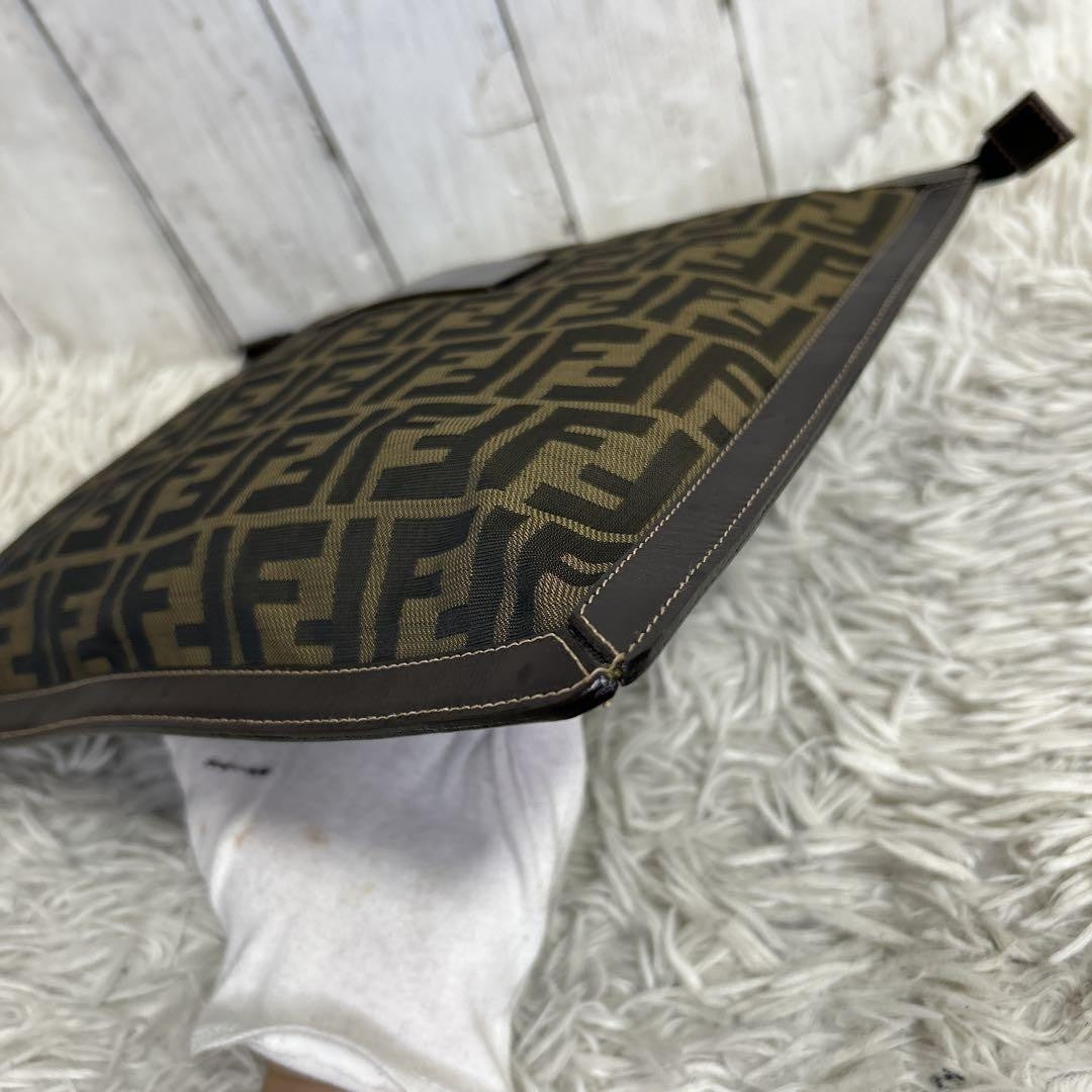 FENDI Clutch Bag Second Bag FF Zucca Nylon Canvas Leather Brown Authentic