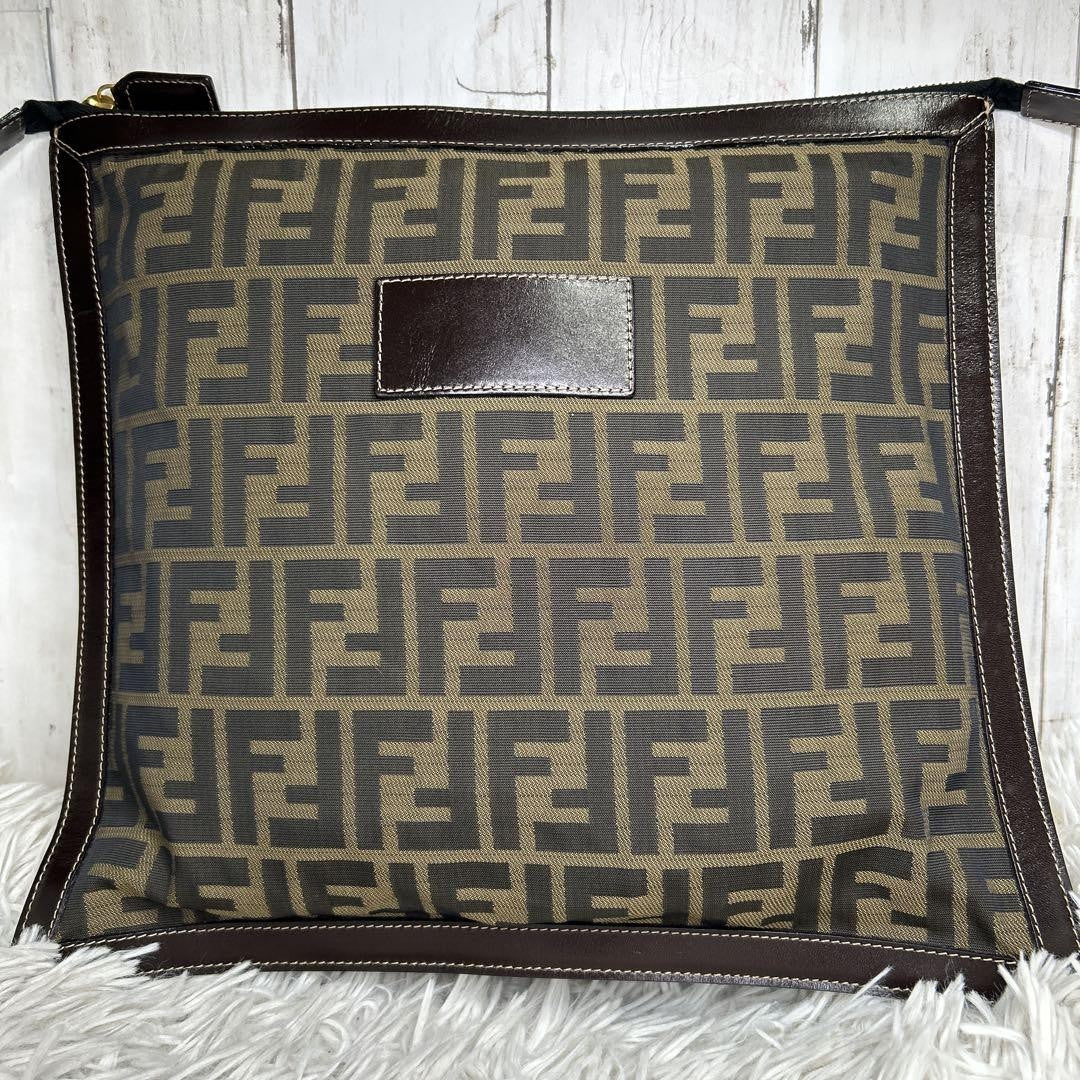 FENDI Clutch Bag Second Bag FF Zucca Nylon Canvas Leather Brown Authentic