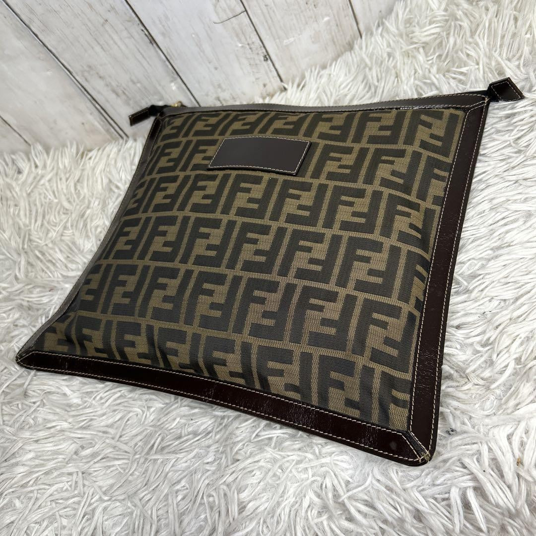 FENDI Clutch Bag Second Bag FF Zucca Nylon Canvas Leather Brown Authentic