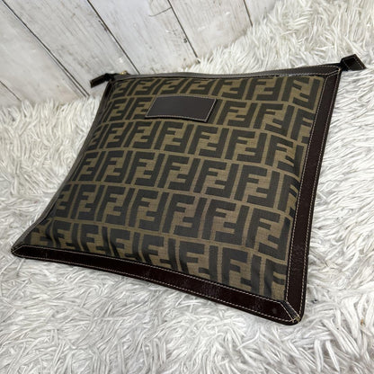 FENDI Clutch Bag Second Bag FF Zucca Nylon Canvas Leather Brown Authentic