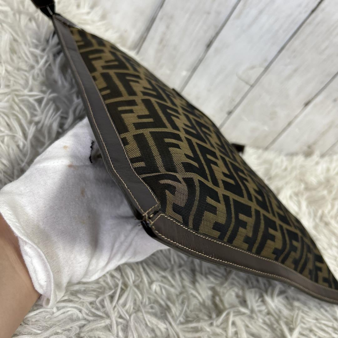 FENDI Clutch Bag Second Bag FF Zucca Nylon Canvas Leather Brown Authentic