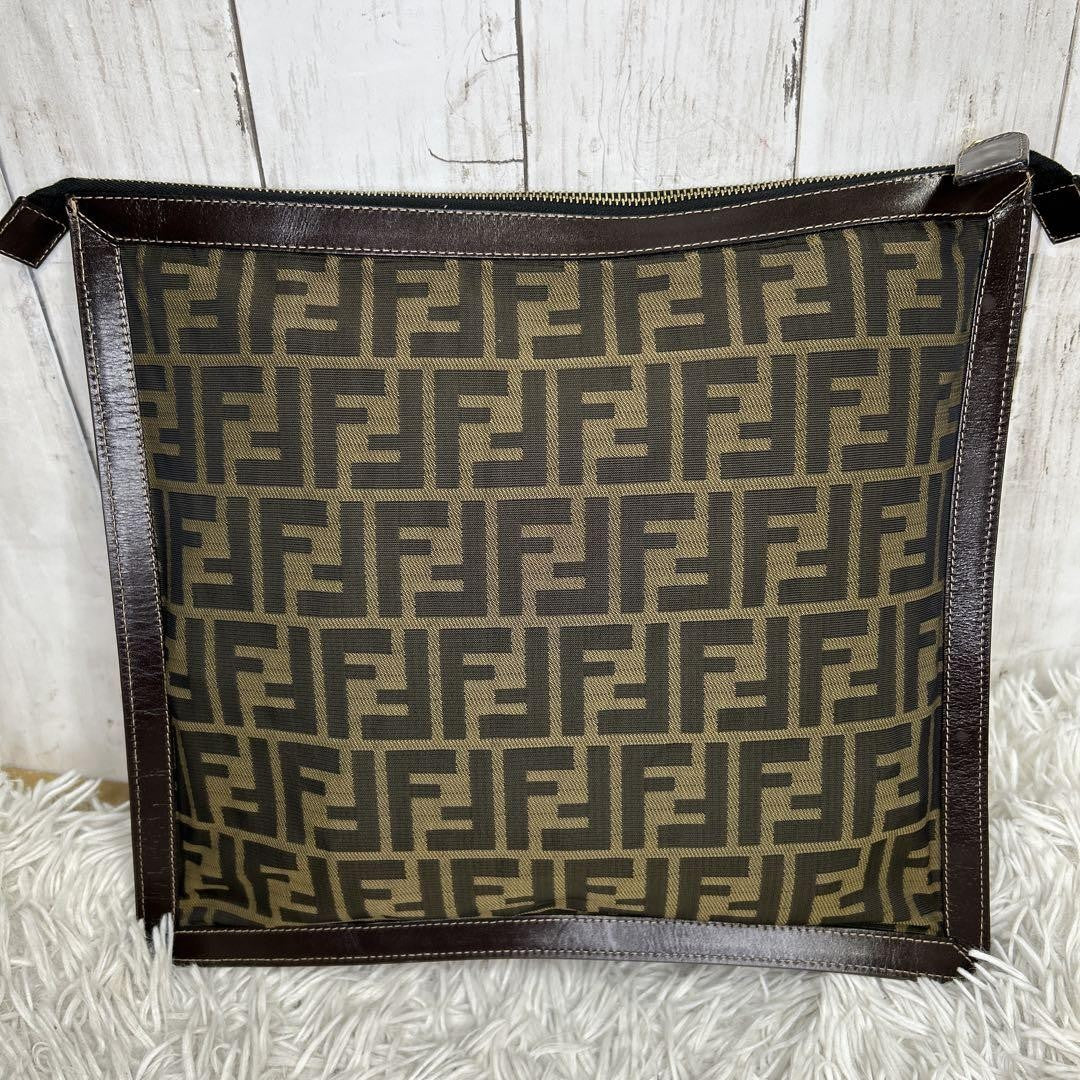 FENDI Clutch Bag Second Bag FF Zucca Nylon Canvas Leather Brown Authentic