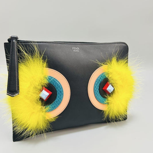 FENDI Clutch Bag Second Bag Monster Leather Black Authentic