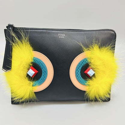 FENDI Clutch Bag Second Bag Monster Leather Black Authentic