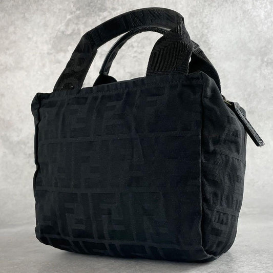 FENDI Hand Bag Tote Purse FF Zucca Nylon Leather Black Authentic