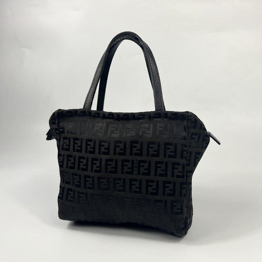FENDI Hand Bag Tote Purse FF Zucca Canvas Leather Black Authentic