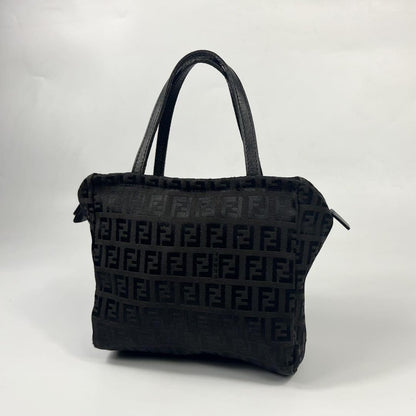 FENDI Hand Bag Tote Purse FF Zucca Canvas Leather Black Authentic