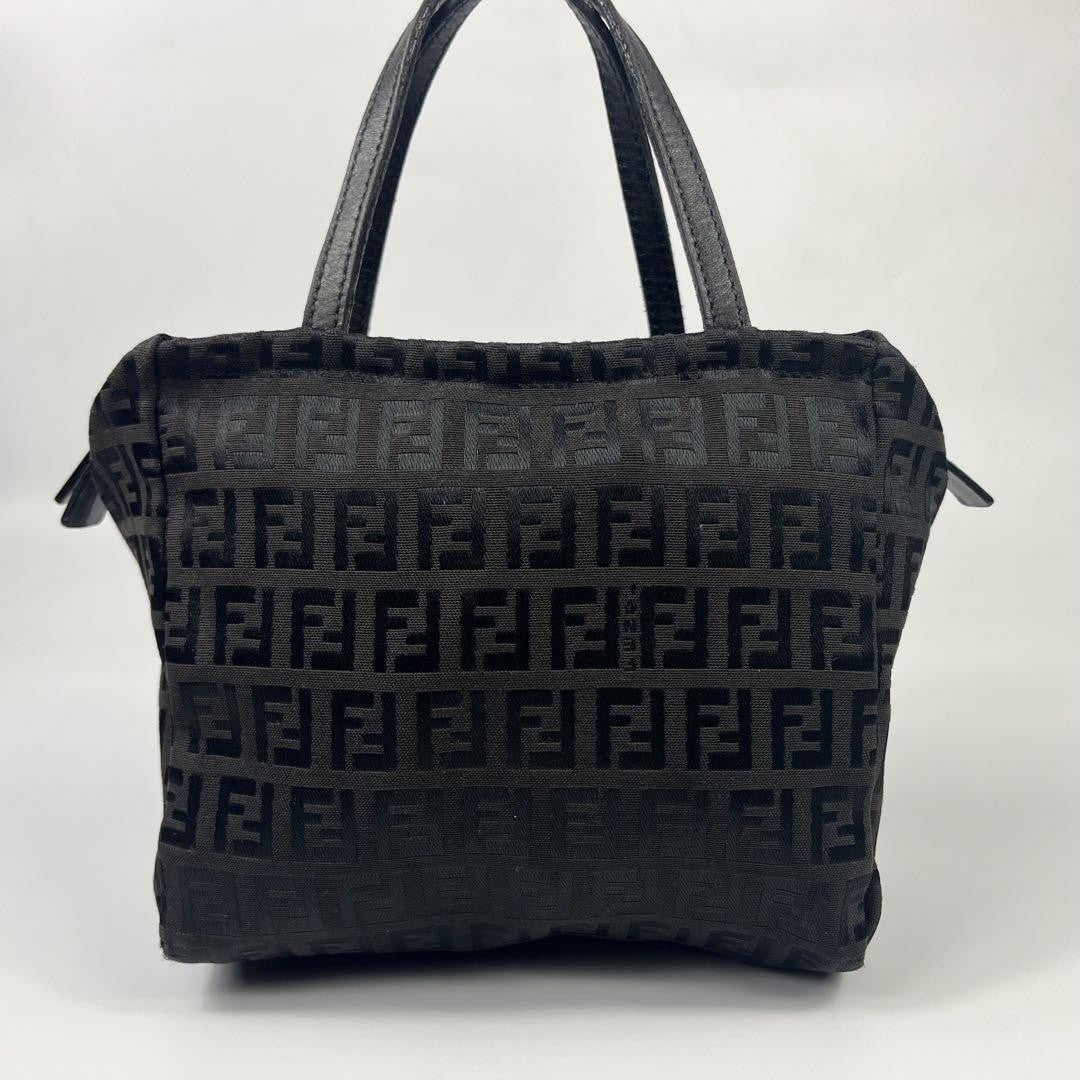 FENDI Hand Bag Tote Purse FF Zucca Canvas Leather Black Authentic
