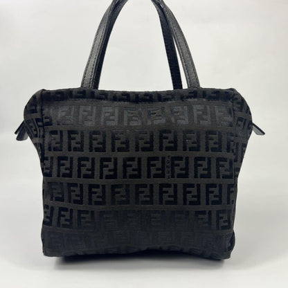 FENDI Hand Bag Tote Purse FF Zucca Canvas Leather Black Authentic