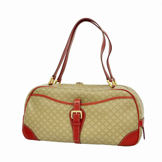 CELINE Hand Bag Tote Purse Macadam PVC Beige Red Authentic