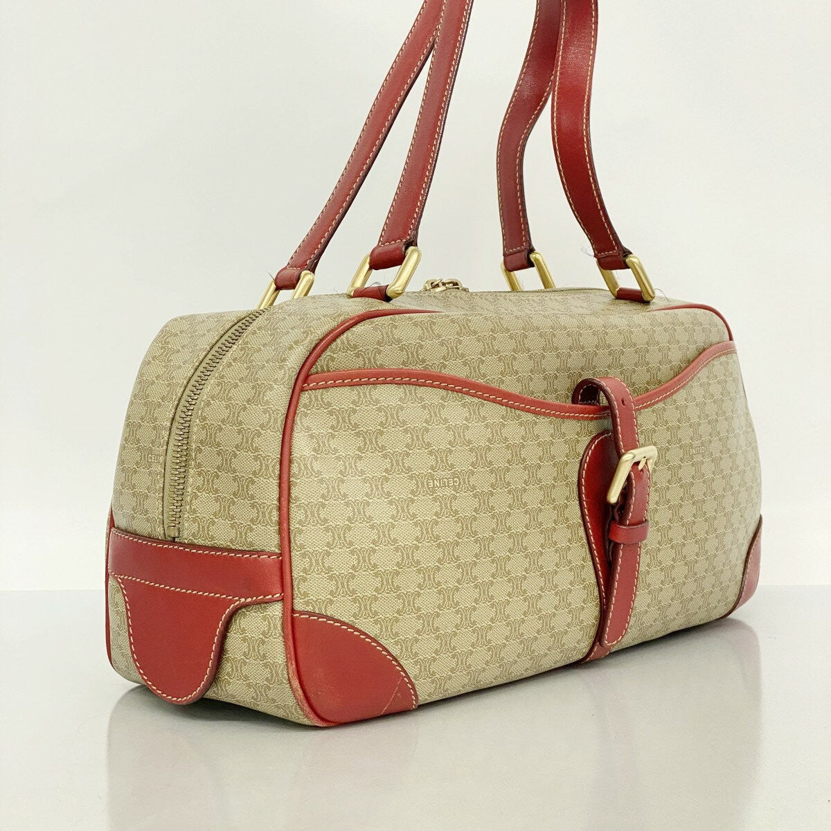 CELINE Hand Bag Tote Purse Macadam PVC Beige Red Authentic
