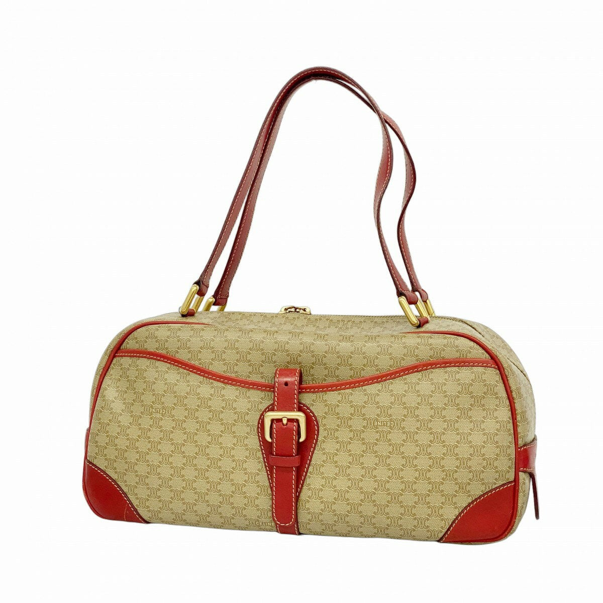 CELINE Hand Bag Tote Purse Macadam PVC Beige Red Authentic