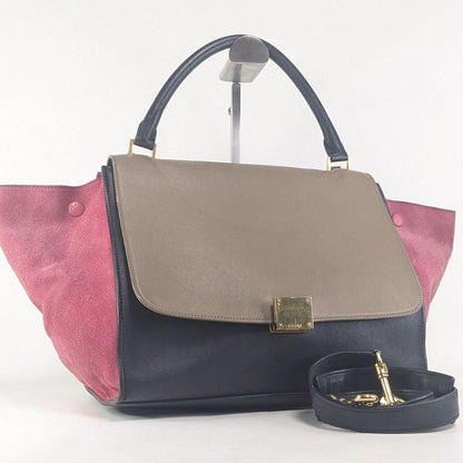 CELINE Hand Shoulder Bag Tote Purse Trapeze Leather Suede Black Pink Brown Auth