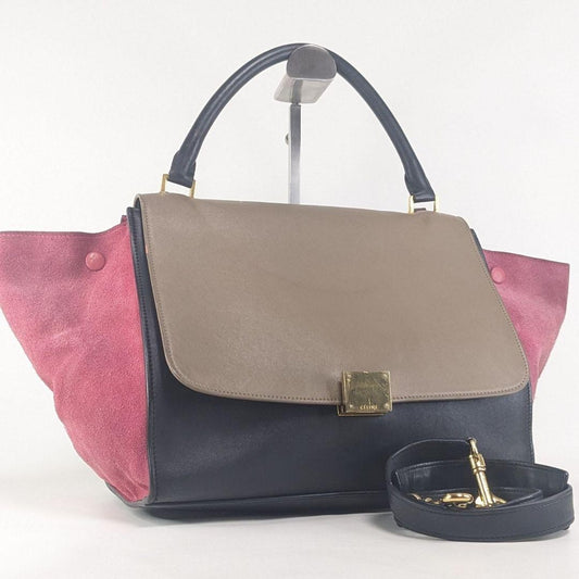 CELINE Hand Shoulder Bag Tote Purse Trapeze Leather Suede Black Pink Brown Auth