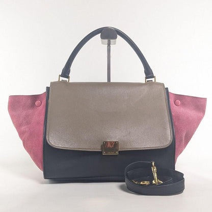 CELINE Hand Shoulder Bag Tote Purse Trapeze Leather Suede Black Pink Brown Auth