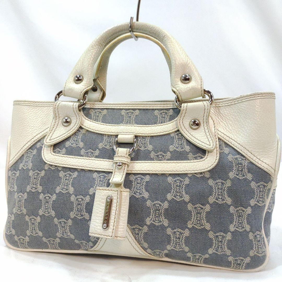 CELINE Hand Bag Tote Purse Boogie Macadam Leather Denim Navy White Authentic