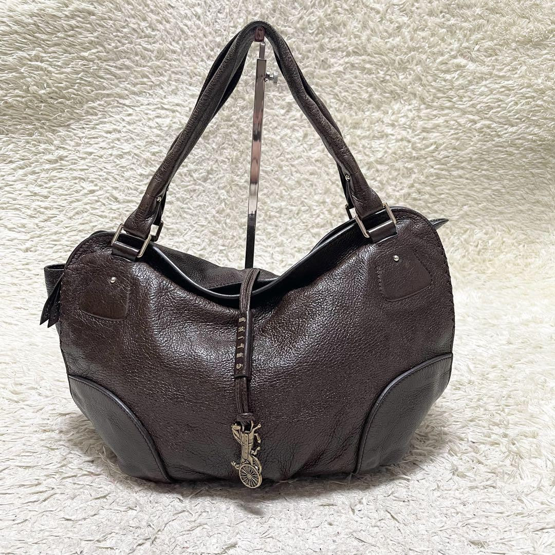 CELINE Shoulder Bag Purse Leather Brown Authentic