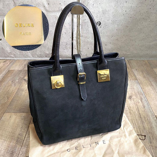 CELINE Hand Bag Tote Purse Leather Black Authentic