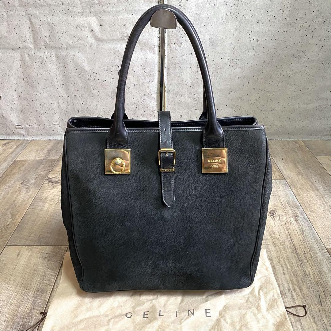 CELINE Hand Bag Tote Purse Leather Black Authentic