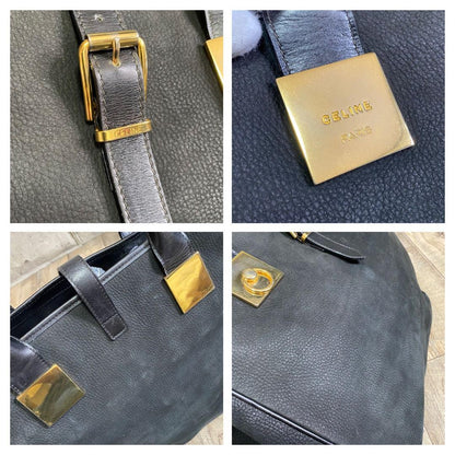 CELINE Hand Bag Tote Purse Leather Black Authentic