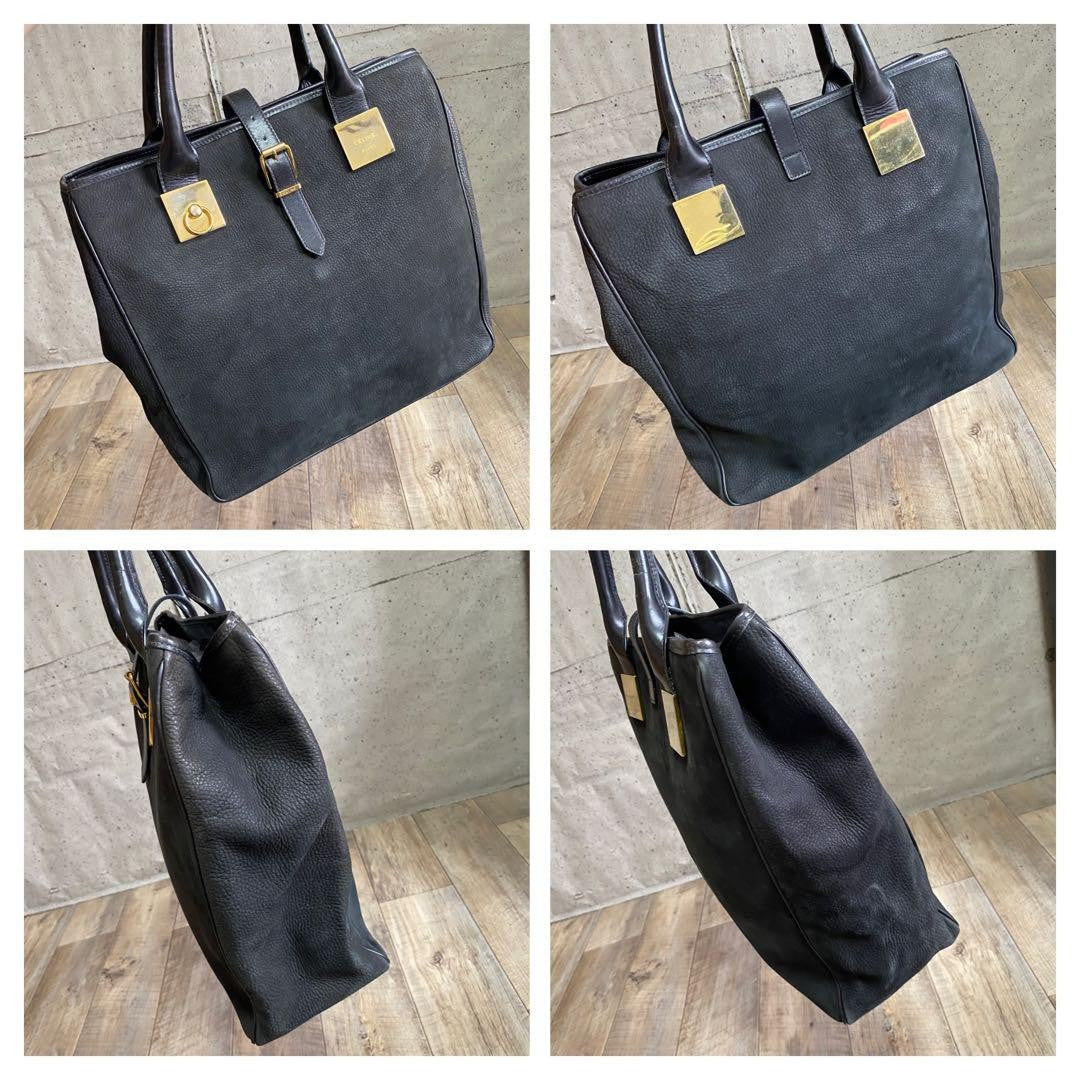 CELINE Hand Bag Tote Purse Leather Black Authentic