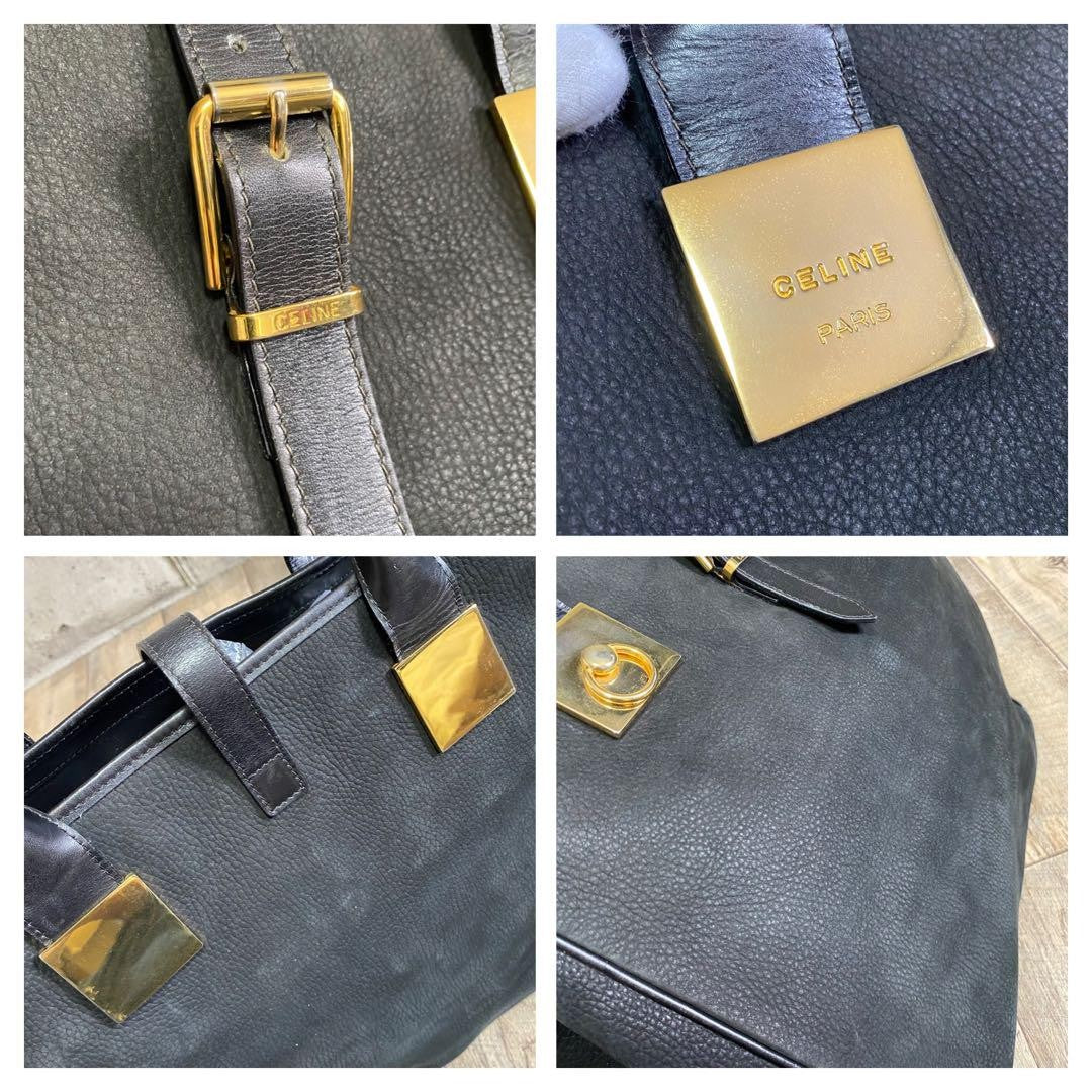 CELINE Hand Bag Tote Purse Leather Black Authentic