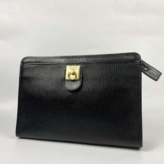 CELINE Clutch Bag Second Bag Gancini Leather Black Authentic