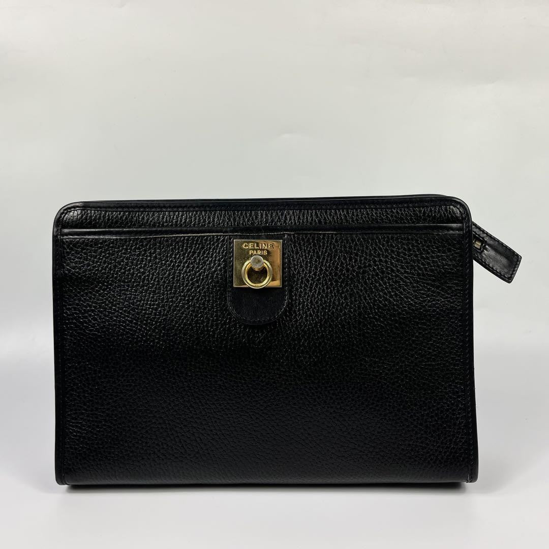 CELINE Clutch Bag Second Bag Gancini Leather Black Authentic