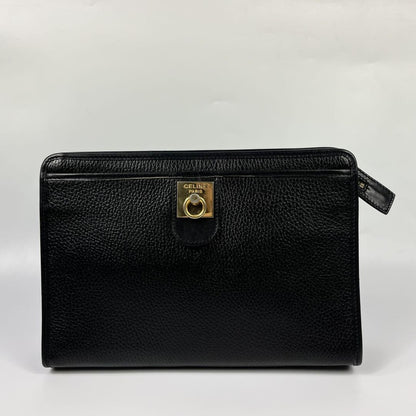 CELINE Clutch Bag Second Bag Gancini Leather Black Authentic