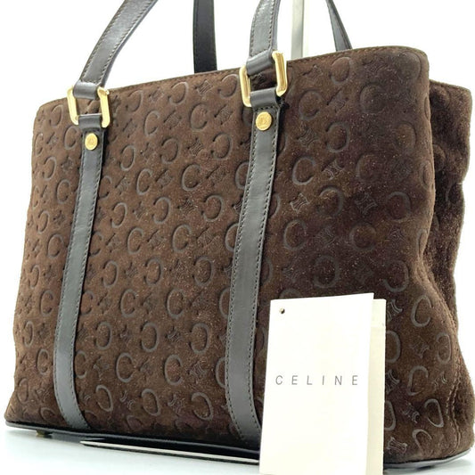 CELINE Hand Bag Tote Purse C Macadam Suede Leather Brown Authentic