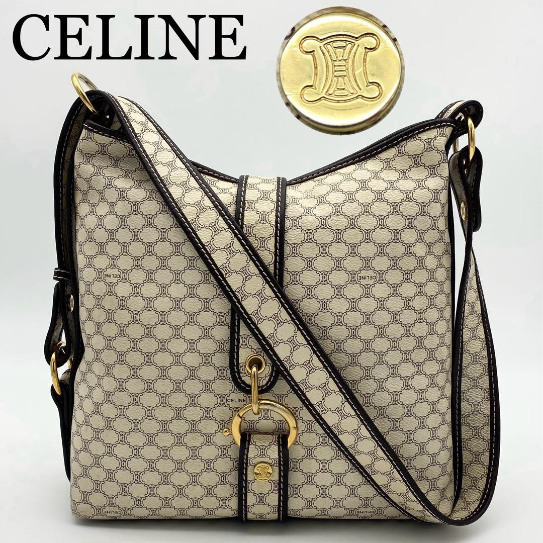 CELINE Shoulder Bag Purse Macadam PVC Leather Off White Brown Authentic