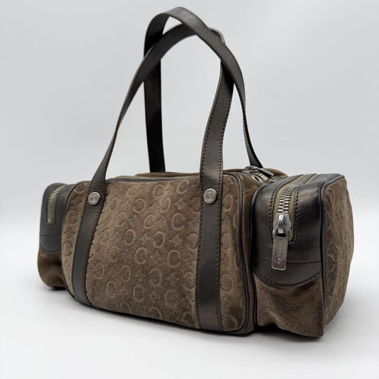 CELINE Mini Boston Bag Hand Bag Tote Purse C Macadam Suede Leather Brown Auth