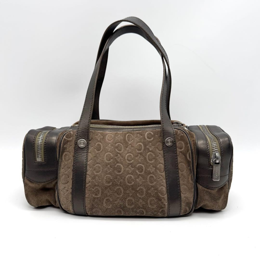 CELINE Mini Boston Bag Hand Bag Tote Purse C Macadam Suede Leather Brown Auth